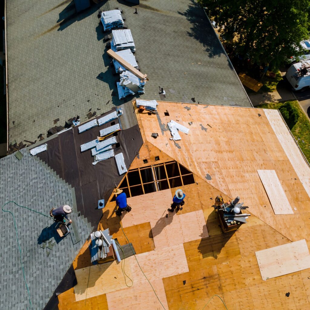 aerial shot of roofers